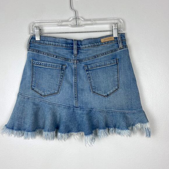 Blank NYC Frayed Hem Mini Skirt Denim Ruffle Raw Hem Asymmetrical Jean Skirt 26 - Picture 7 of 14